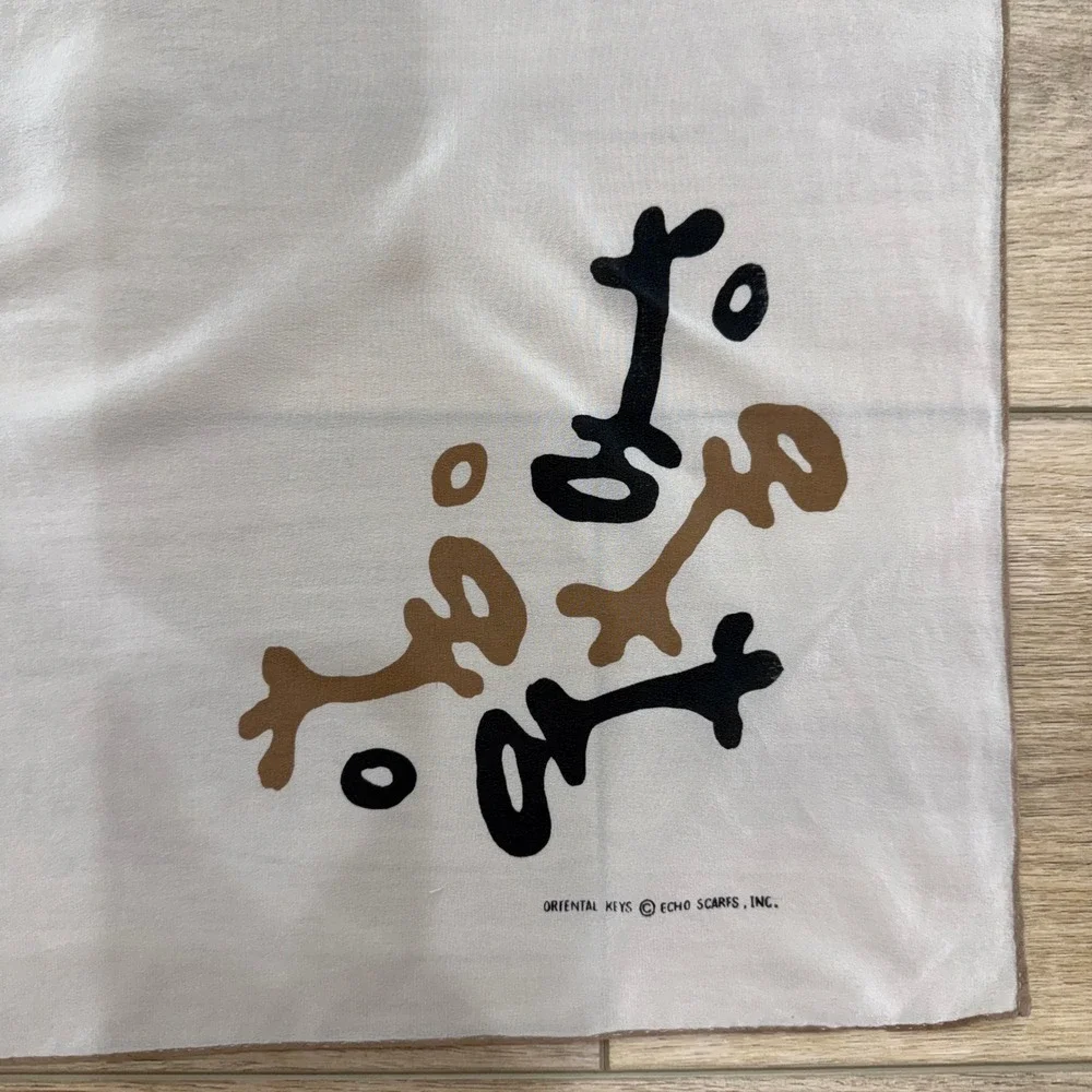 Echo Oriental Keys‎ Vintage Square Scarf White Black Tan Minimalist Capsule 32